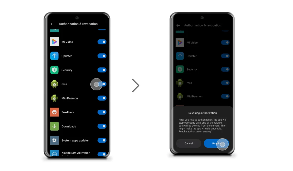 The final step of blocking ads and pop-ups on Xiaomi by stopping the MSA process